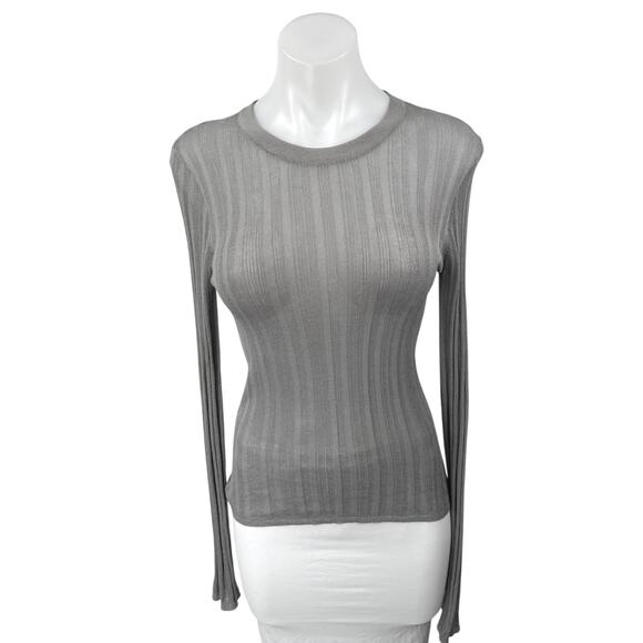 Zara Women's Gray Ribbed Long Sleeve Mesh Sheer Slim Fit Pullover T-Shirt Top M - Picture 1 of 3
